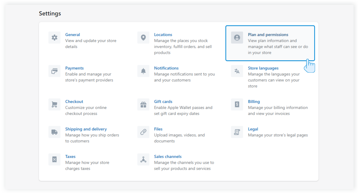 Shopify settings - plans and permissions