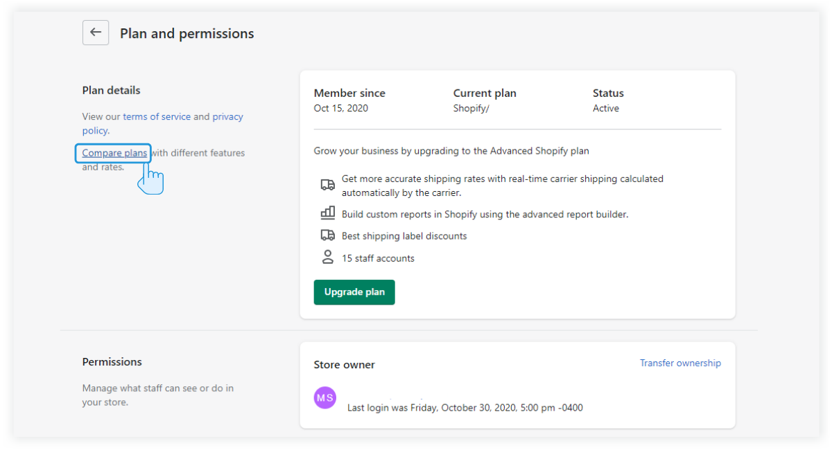 Shopify view - plans and permissions
