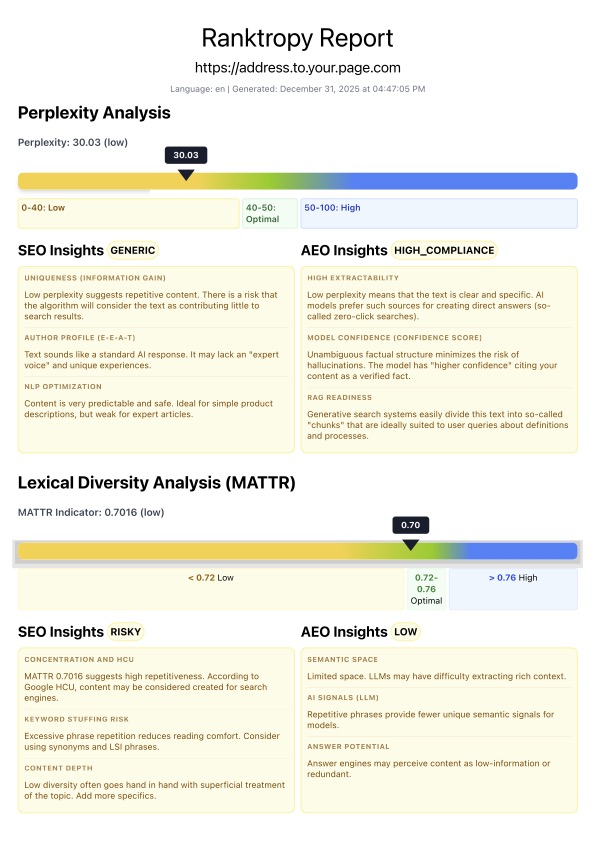 Sample Ranktropy Report - Perplexity and Mattr